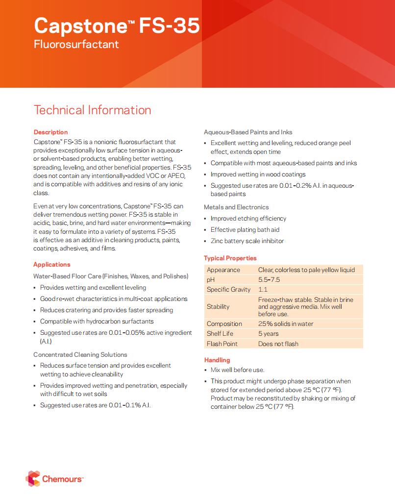 Capstone? FS-35氟表面活性劑(圖1) Capstone? FS-35氟表面活性劑(圖1)